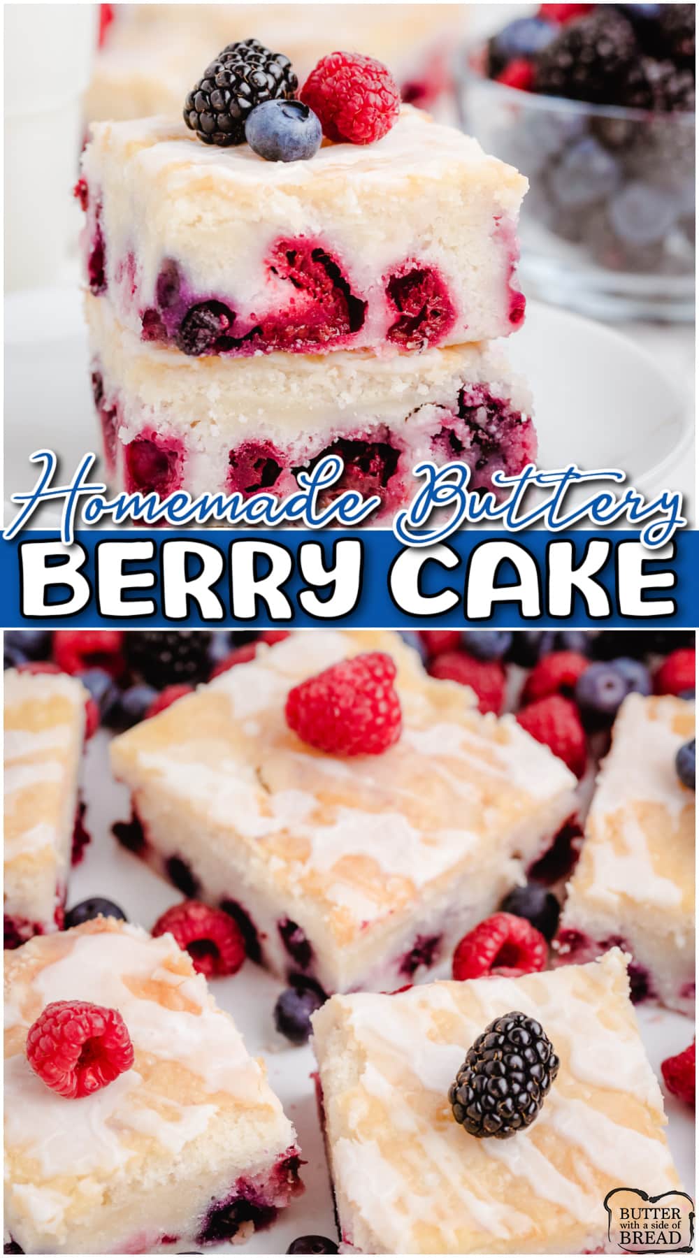 Easy Berry Cake made from scratch with pantry ingredients + fresh berries! Simple berry cake recipe topped with a lovely vanilla almond glaze!