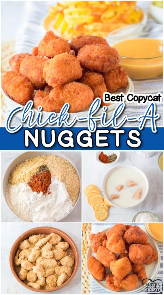 These are the BEST copycat chick fil a nuggets you'll ever try. Made from scratch and given a delicious homemade nugget sauce for dipping, you'll never need to go out again!