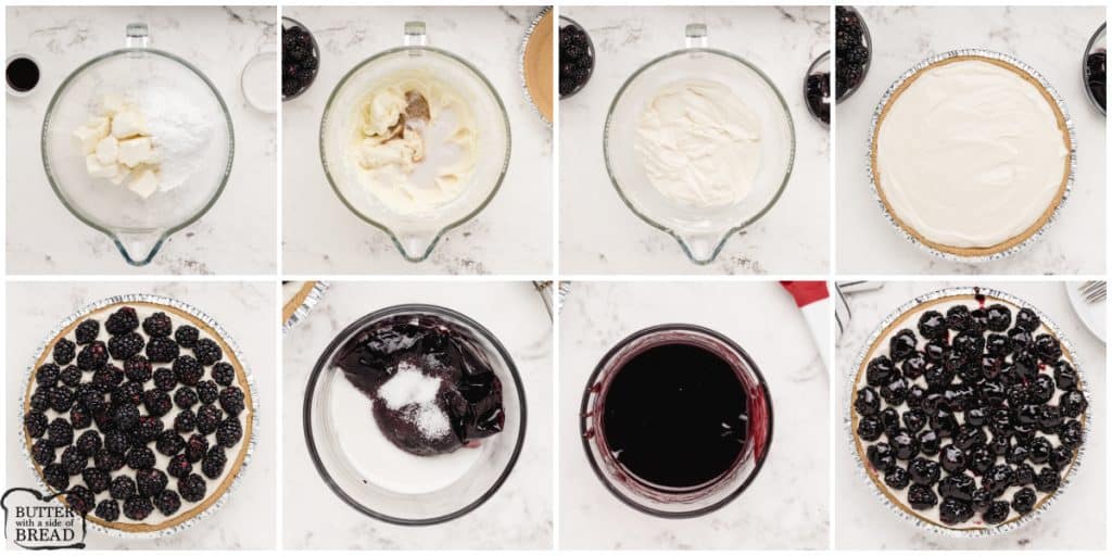 Step by step instructions on how to make No Bake Cheesecake with blackberries