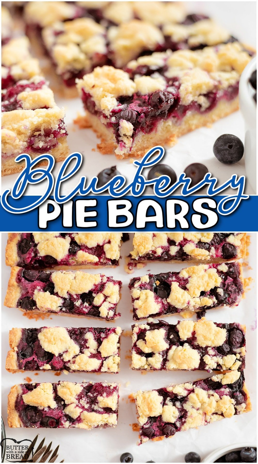 Homemade blueberry pie bars made with fresh blueberries & buttery pie crust! Simple take on blueberry pie that serves a crowd!