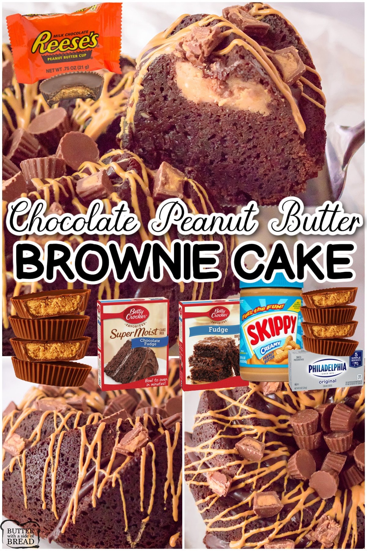 Peanut butter brownie bundt cake made with a cake mix & brownie mix combined! Fudgy chocolate cake filled with a decadent peanut butter cheesecake & drizzled with chocolate!