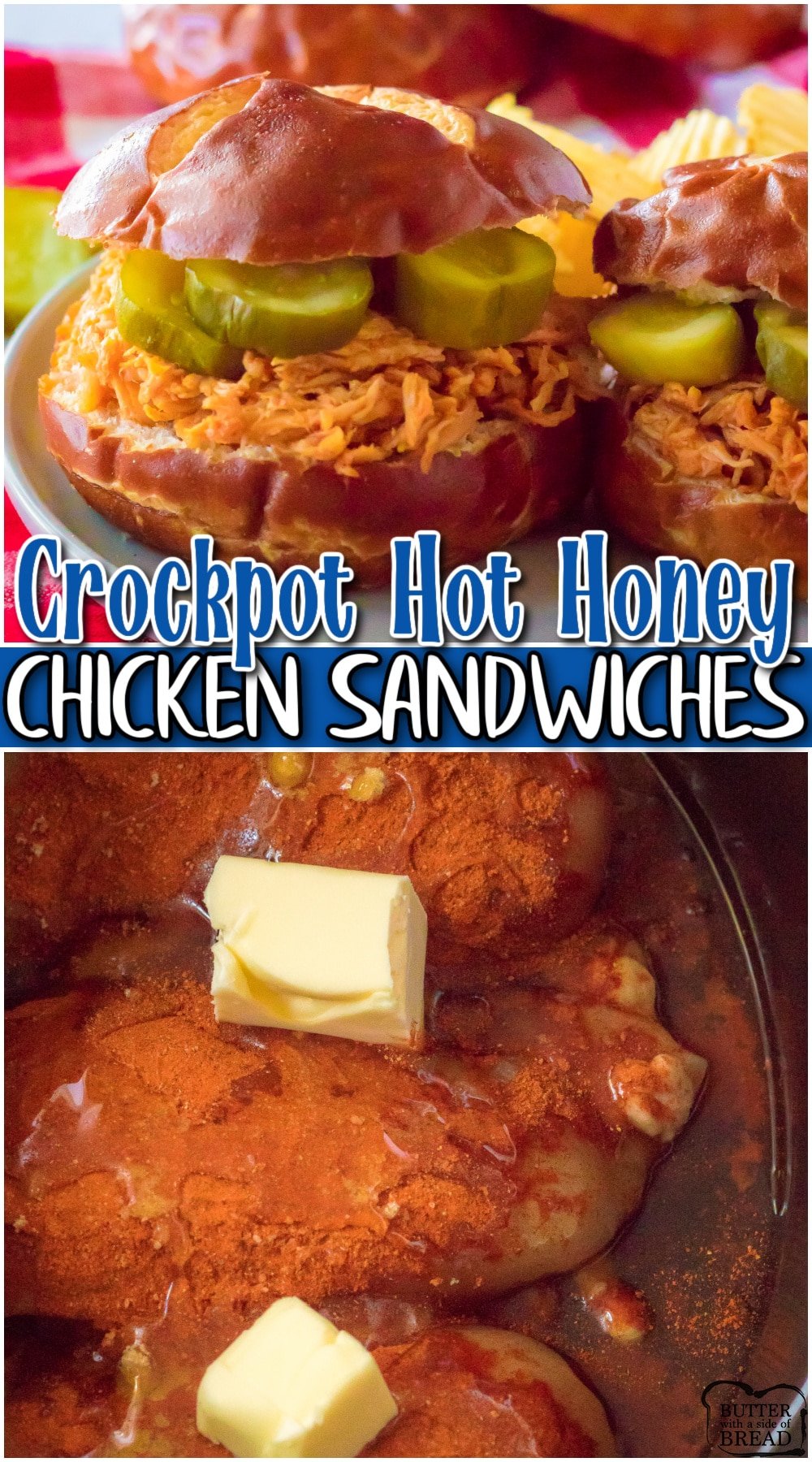 Crockpot hot honey chicken sandwiches are a spicy-sweet chicken dinner with fantastic flavor! Sweet and savory shredded chicken made with honey, brown sugar, butter & seasonings! 