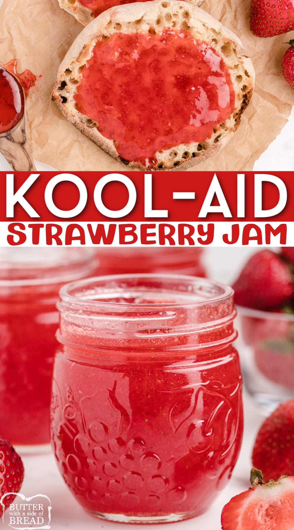 Kool-Aid Strawberry Jam made with strawberries, pectin, water, sugar and strawberry Kool-Aid. Perfectly sweet homemade strawberry jam with the best strawberry flavor!
