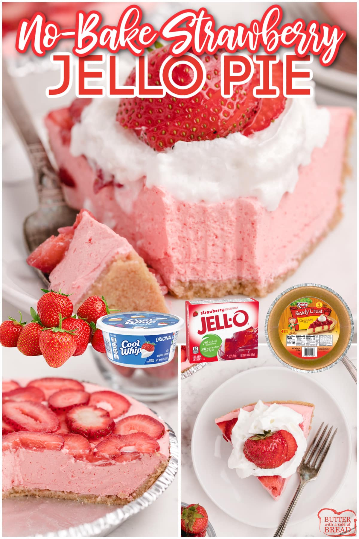 No-Bake Strawberry Jello Pie is an easy no-bake dessert made with only 5 ingredients. This refreshing strawberry dessert recipe couldn't be any easier to make! 
