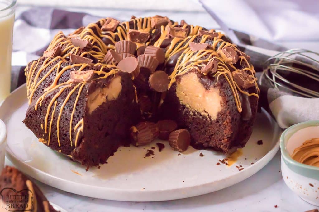 chocolate bundt with peanut butter cheesecake