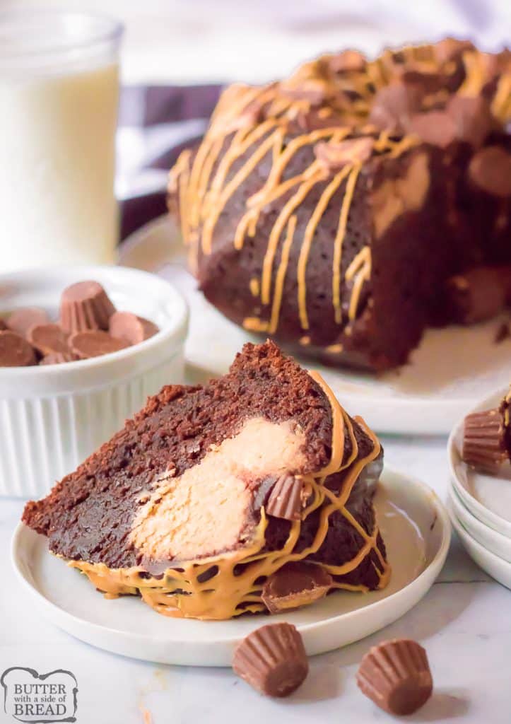 peanut butter brownie bundt cake served