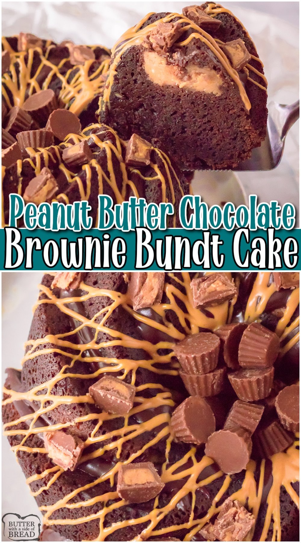 Peanut butter brownie bundt cake made with a cake mix & brownie mix combined! Fudgy chocolate cake filled with a decadent peanut butter cheesecake & drizzled with chocolate!
