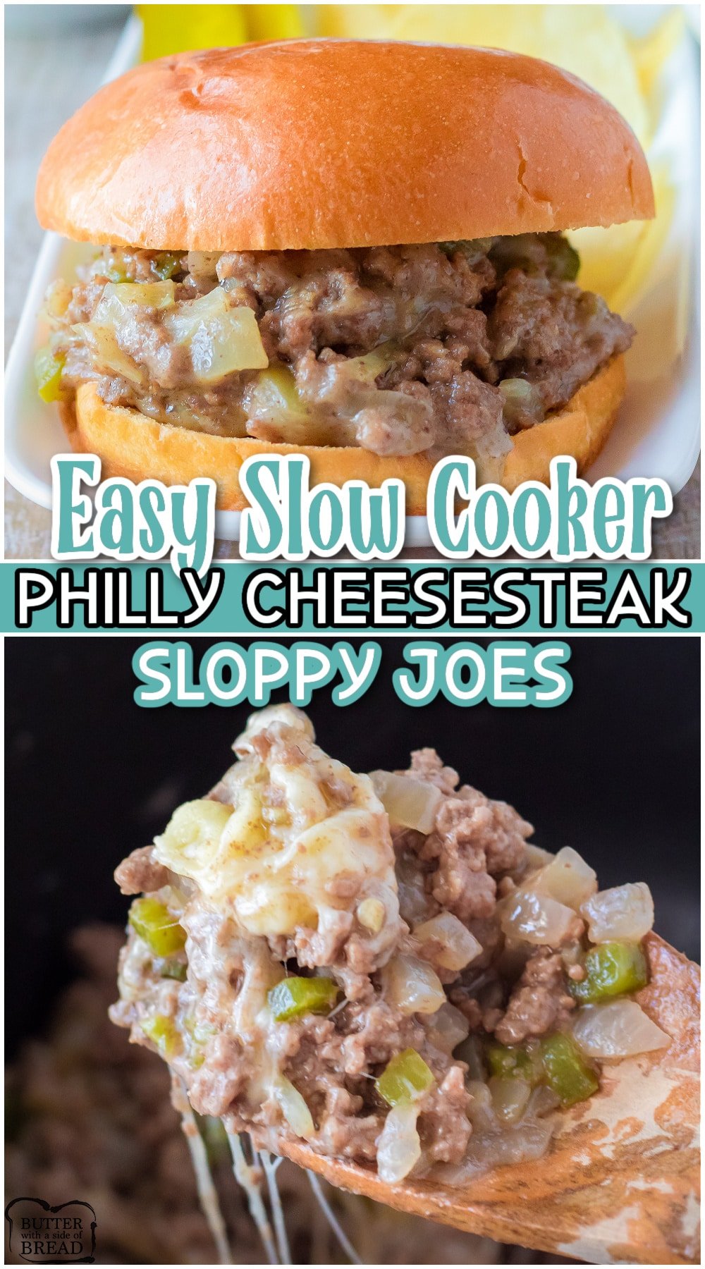 Slow Cooker Philly Cheesesteak Sloppy Joes are an epic mashup of two classic recipes! These philly cheesesteak sloppy joes are simple to make, loaded with gooey cheese, & have amazing flavor!