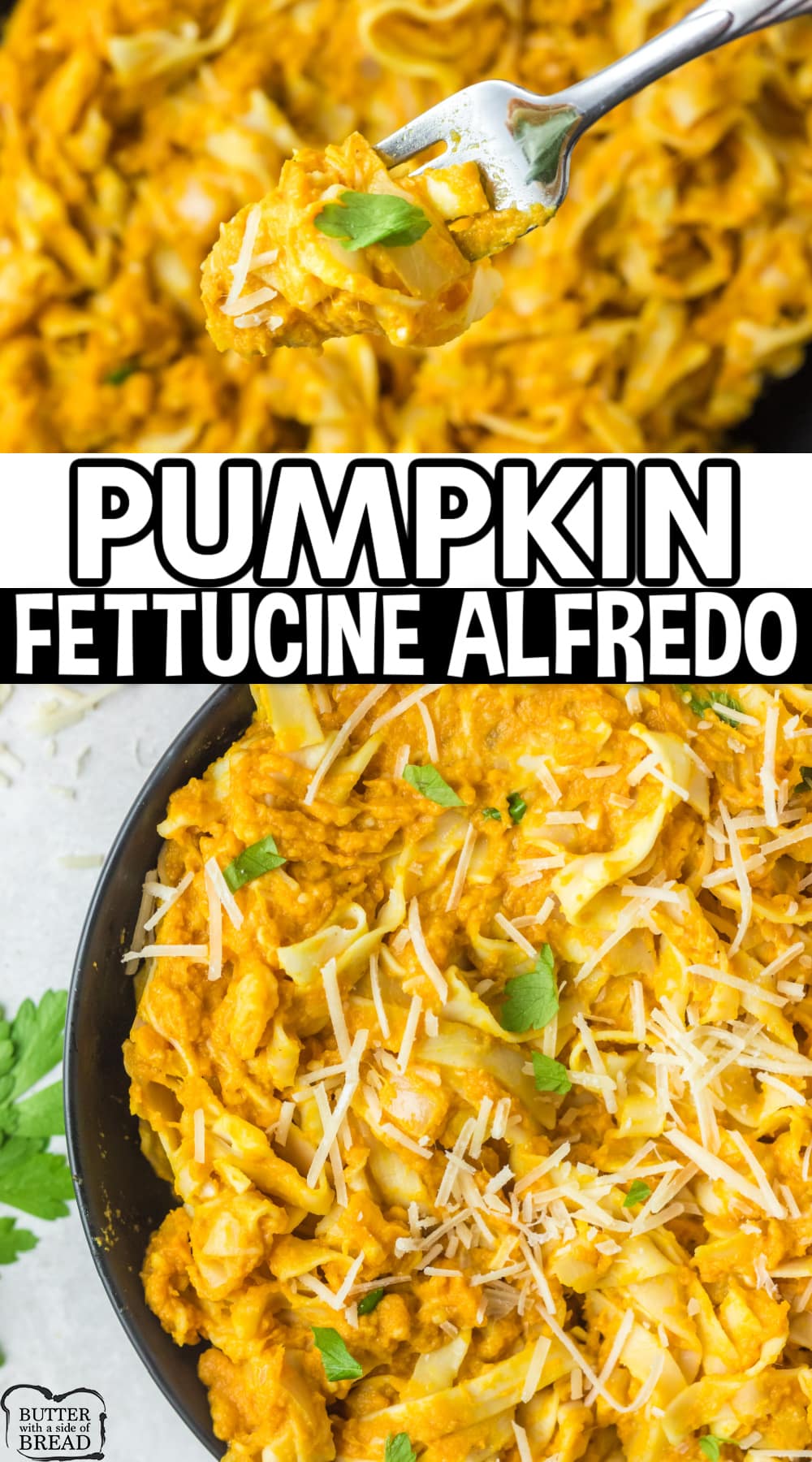 Pumpkin Fettucine Alfredo made with pumpkin puree, half and half cream, and parmesan cheese. The perfect fall twist on my favorite pasta recipe! 