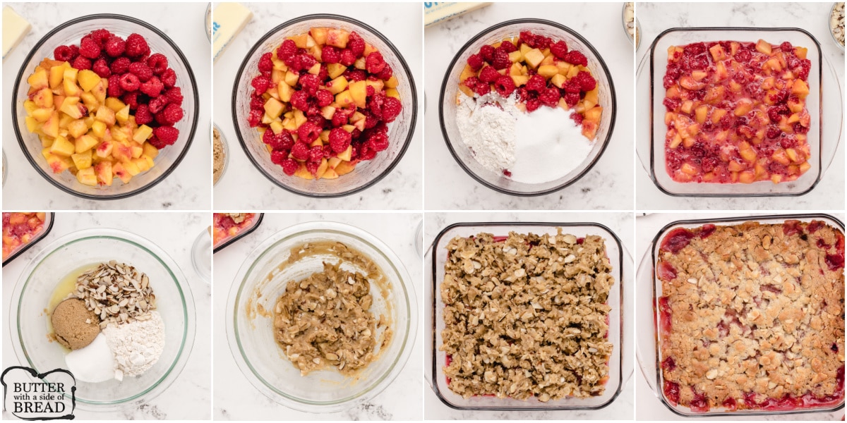 Step by step instructions on how to make Raspberry Peach Crumble