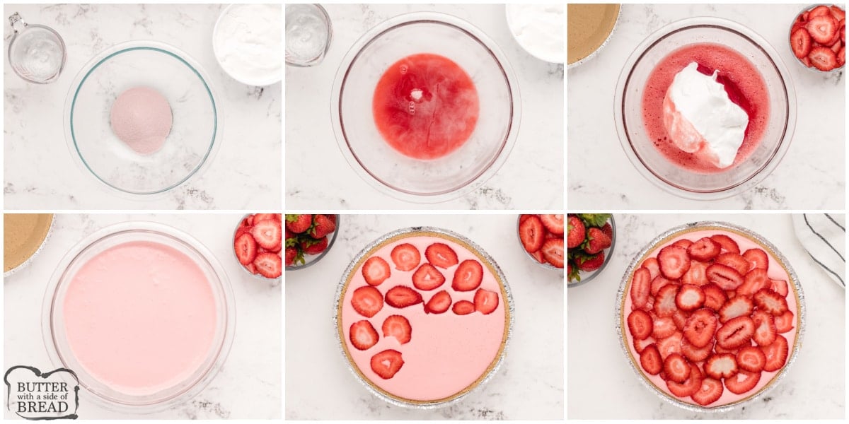 Step by step instructions on how to make No-Bake Strawberry Jello Pie