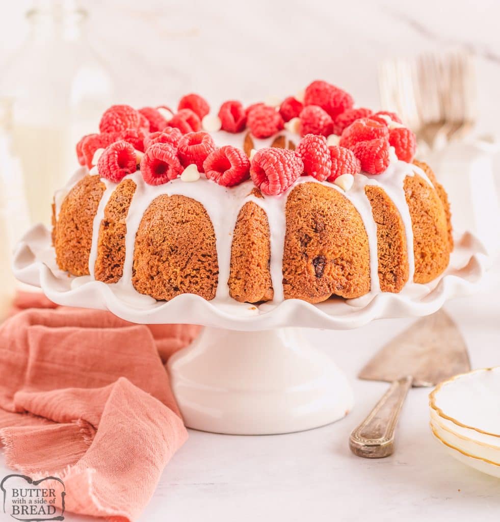 pretty bundt cake with raspberries