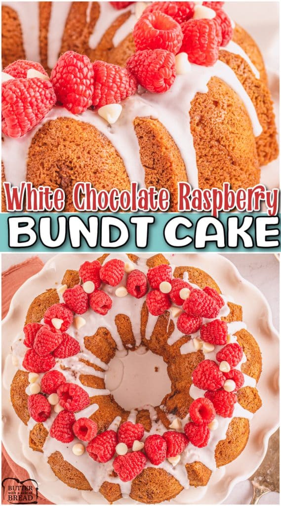 White Chocolate Raspberry Bundt Cake is baked with pudding mix & loaded with fresh raspberries and white chocolate! Simple Bundt Cake recipe with raspberries perfect for any occasion!