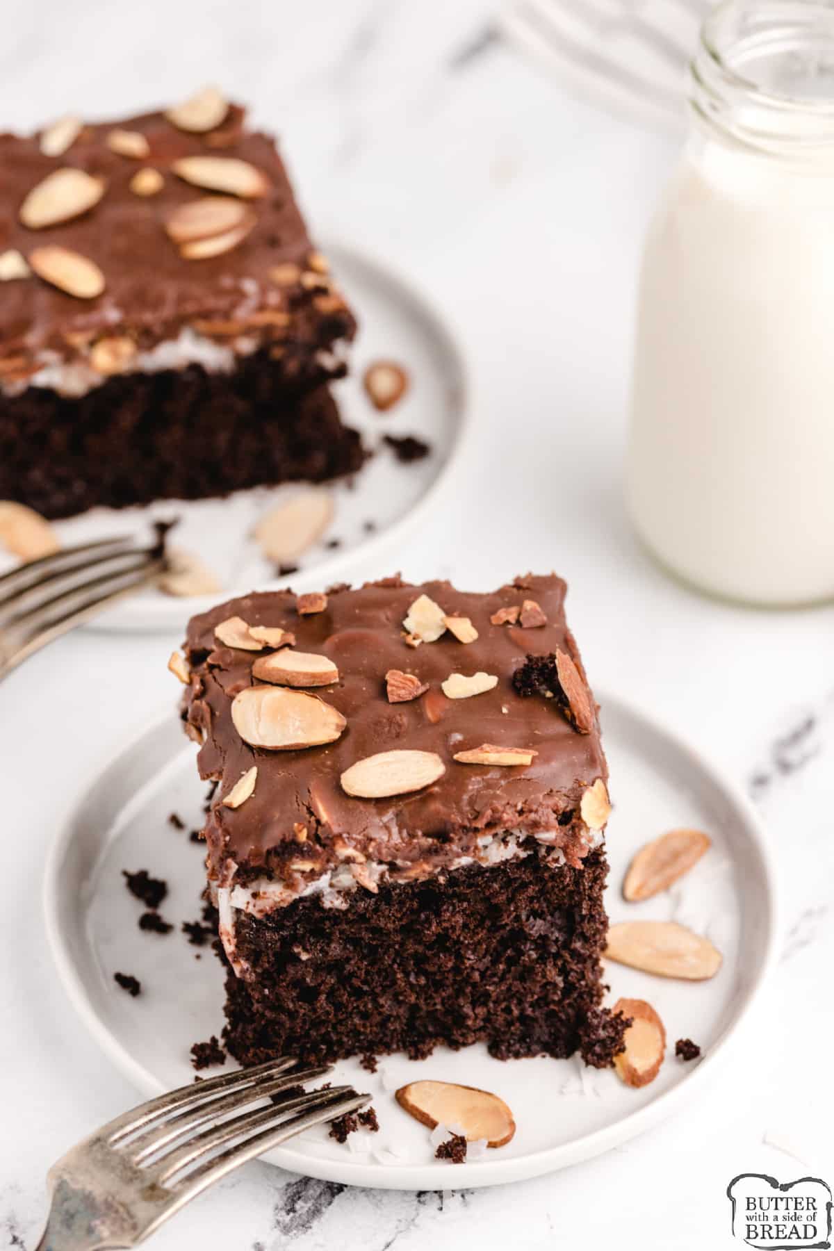 Chocolate cake topped with marshmallow, coconut, chocolate and almonds