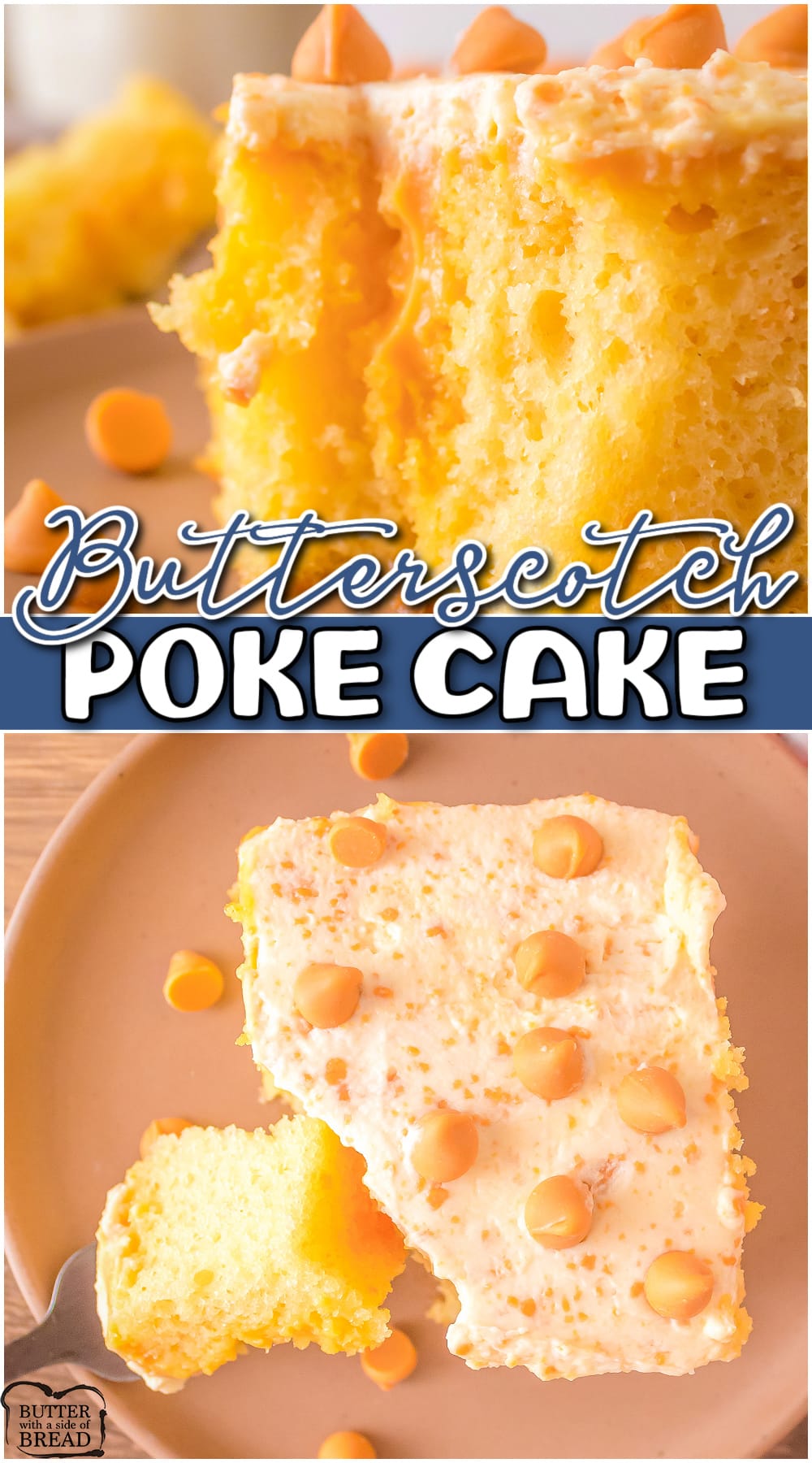 Butterscotch poke cake is an incredible cake perfect for butterscotch lovers! Starts with a cake mix & has butterscotch chips & pudding mix included!