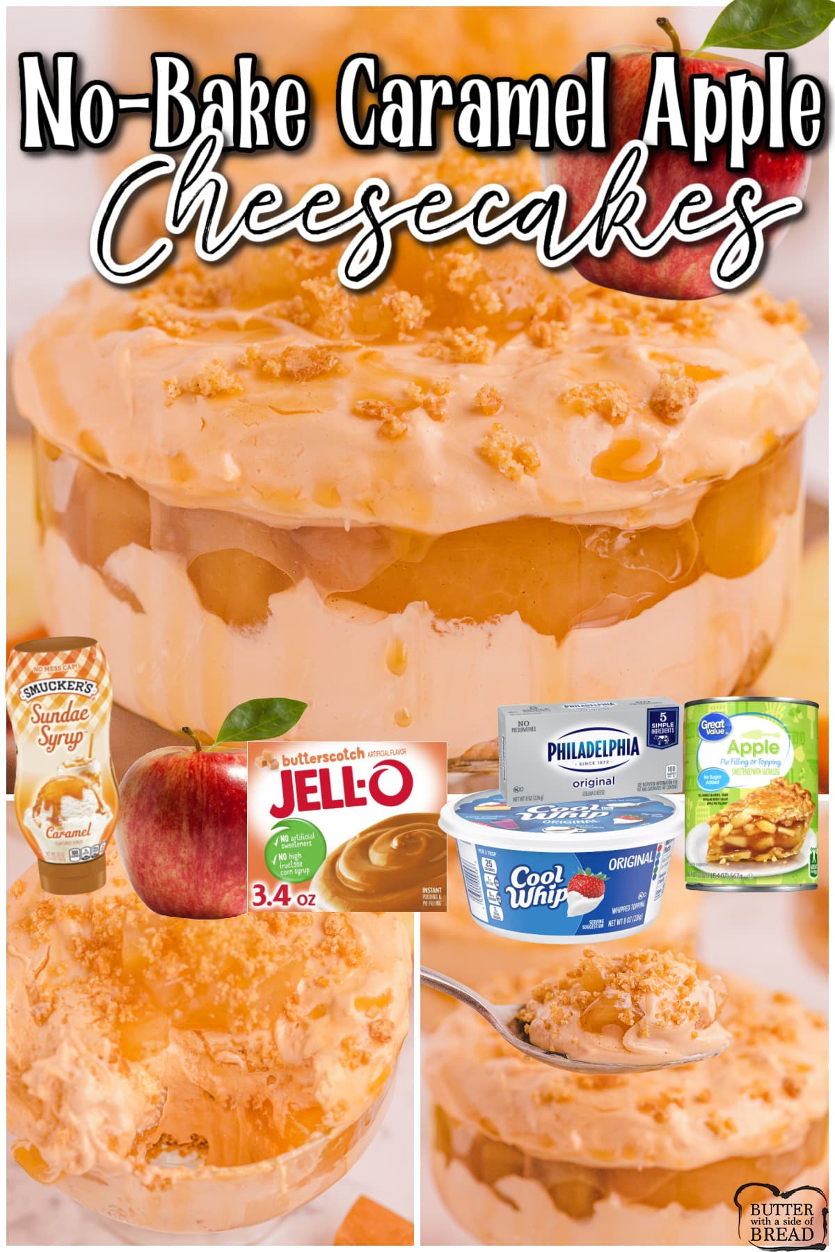 No-Bake Caramel Apple Cheesecakes taste like apple pie in cheesecake form! Simple recipe with a rich, creamy filling, spiced apples & caramel!
