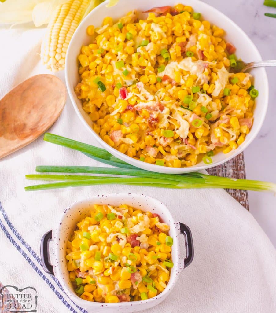 dished up cream corn with cheese and bacon