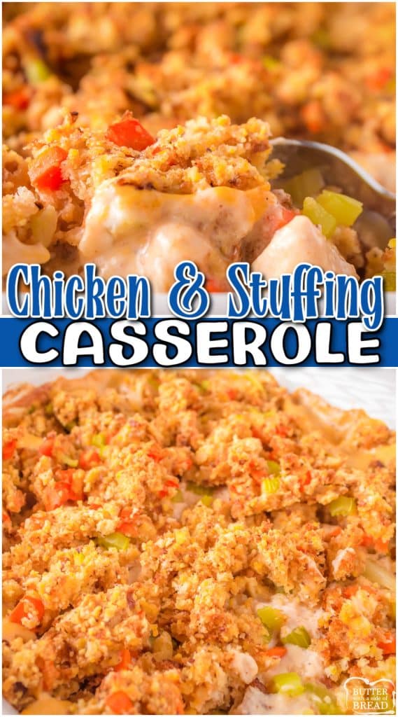 Creamy chicken and stuffing casserole recipe has great flavor & is a warm, comforting chicken dinner everyone loves! Made with chicken, stuffing & pantry ingredients, this hearty dish is a family favorite! 