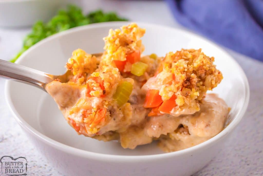 scoop of chicken casserole with stuffing