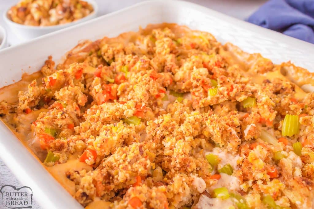 chicken and stuffing casserole in a pan