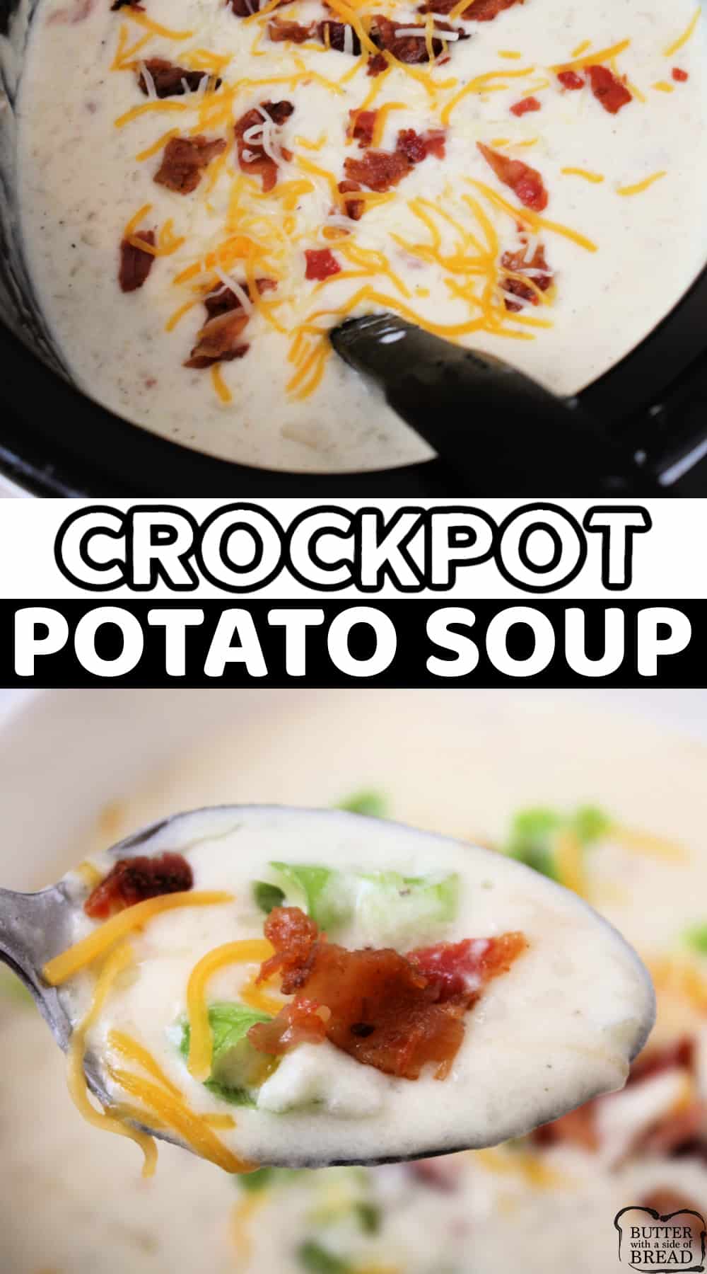 Crockpot Potato Soup is rich, creamy and cheesy and perfect for a chilly day. Delicious slow cooker potato soup recipe that is simple to make!