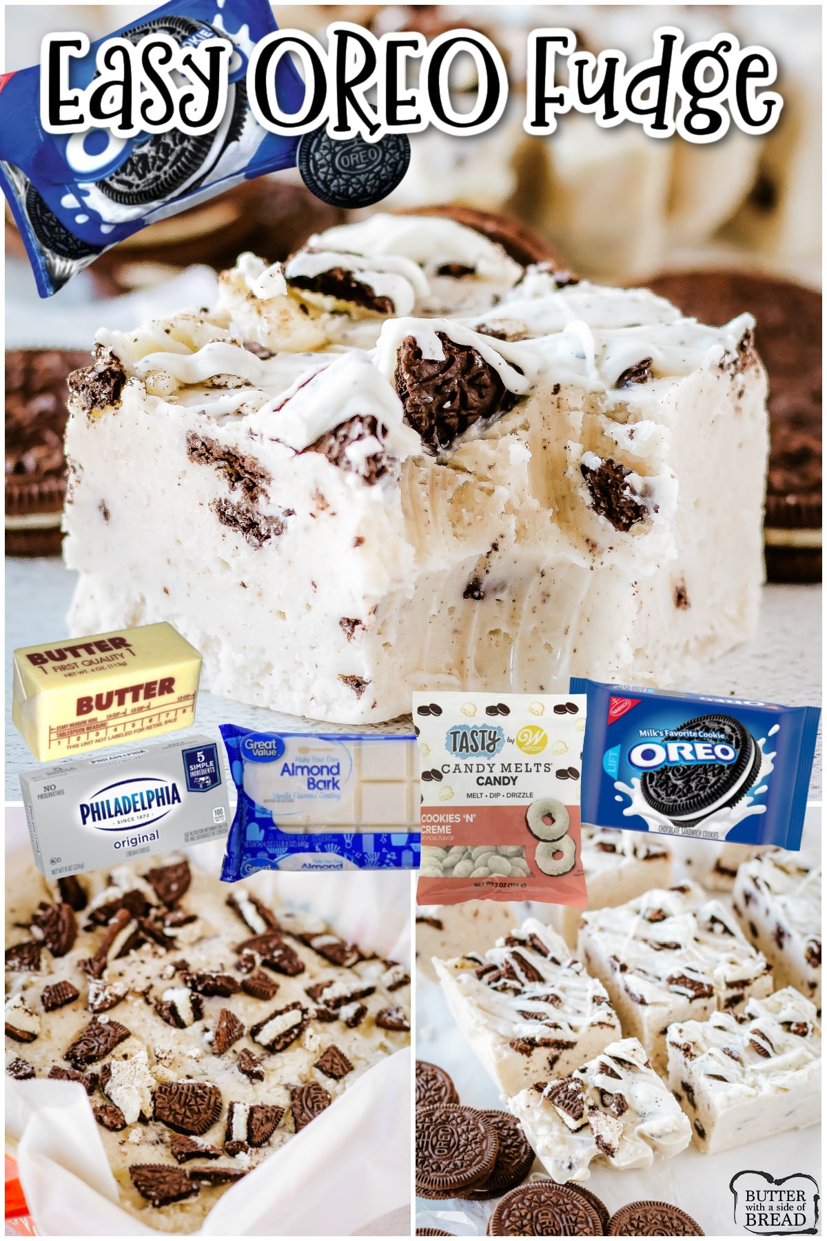 Oreo Fudge made with just 5 ingredients with delightful cookies & cream flavor! White chocolate Oreo fudge is made with cream cheese, white chocolate, & Oreos in every bite!