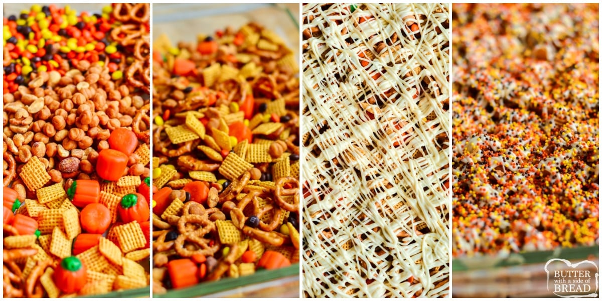 Step by step instructions on how to make Fall White Chocolate Chex Mix