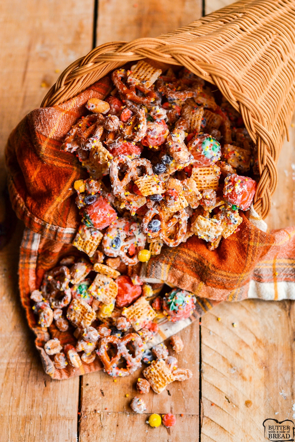 Snack mix coated in white chocolate