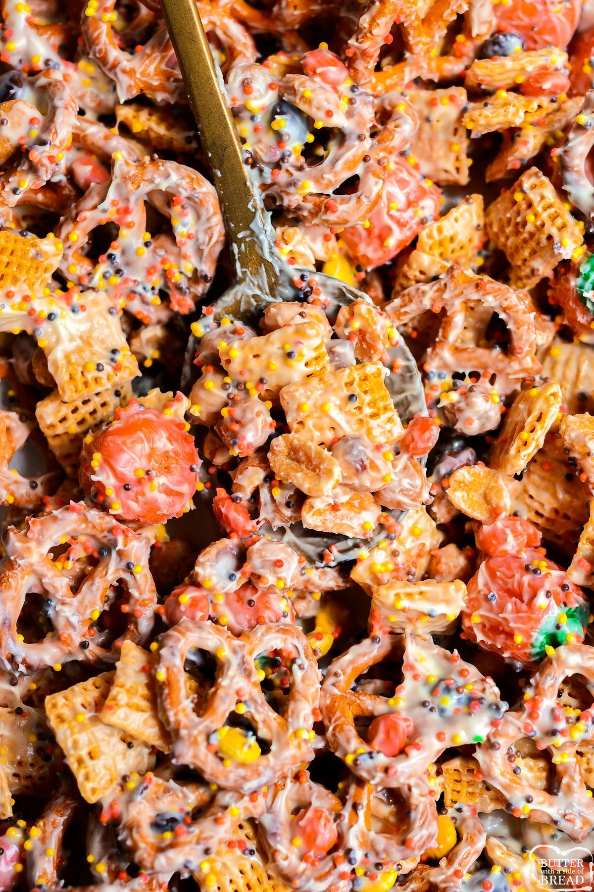 Fall snack mix coated in white chocolate