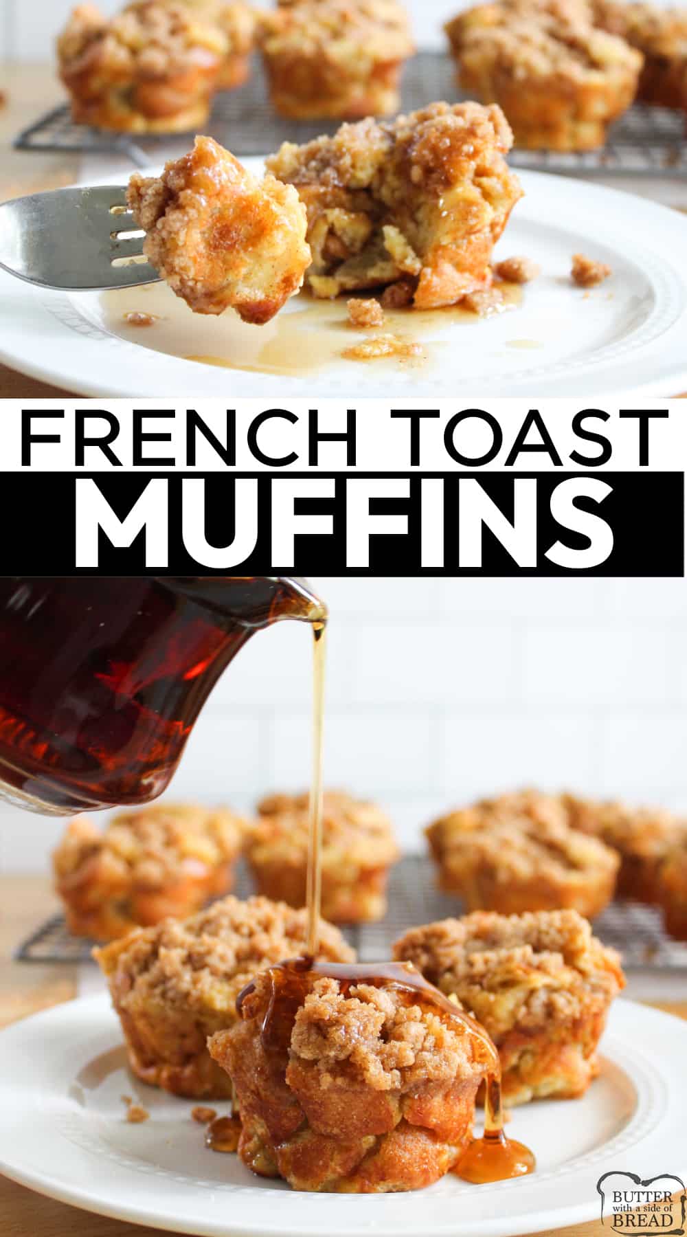 French Toast Muffins made with sourdough bread, milk and eggs and then topped with a simple cinnamon sugar streusel. Perfectly portioned servings of french toast baked in a muffin tin!