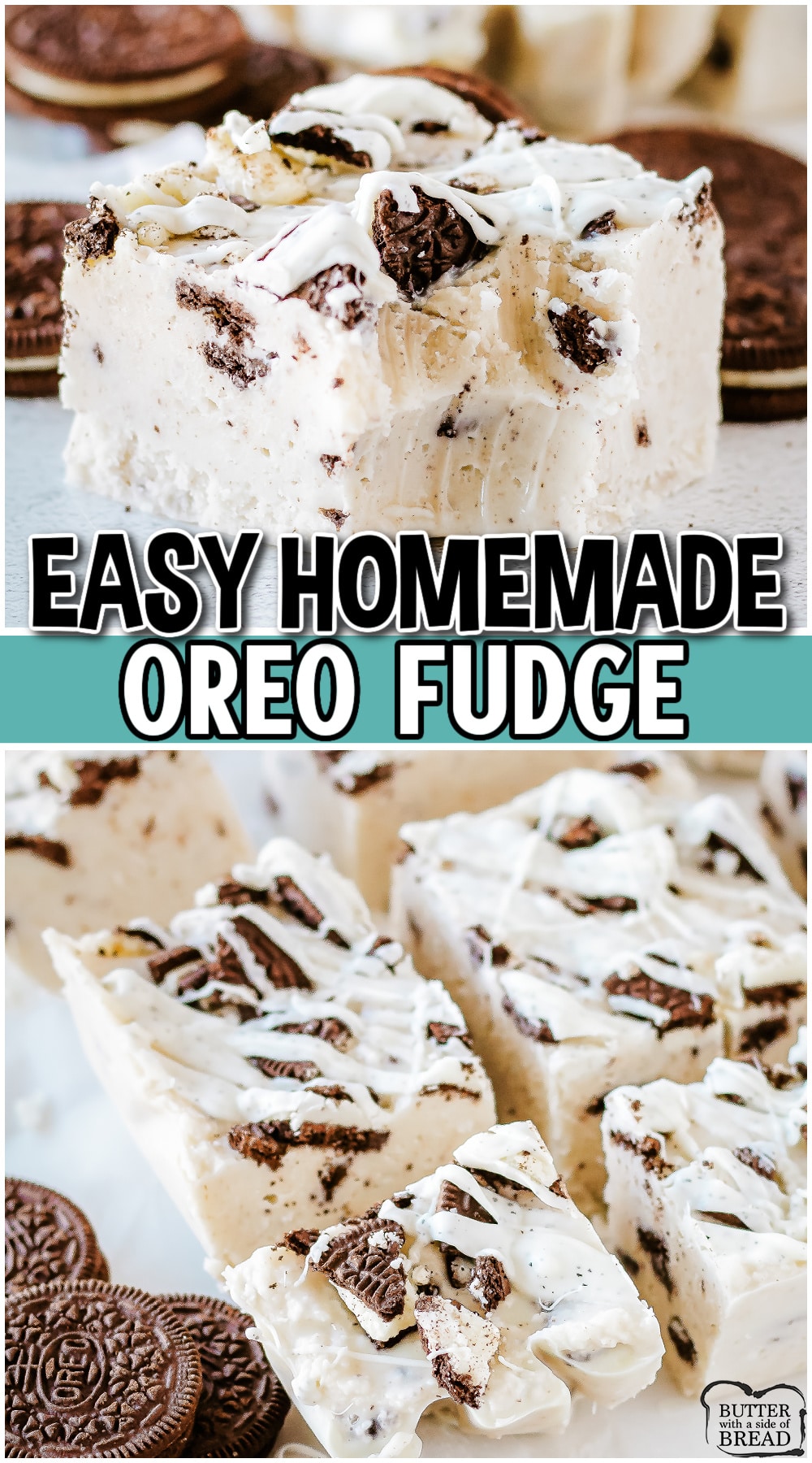 Oreo Fudge made with just 5 ingredients with delightful cookies & cream flavor! White chocolate Oreo fudge is made with cream cheese, white chocolate, & Oreos in every bite! 