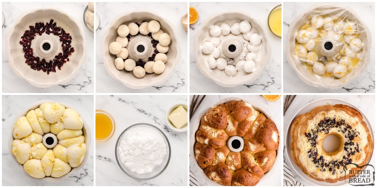Step by step instructions on how to make Cranberry Orange Monkey Bread