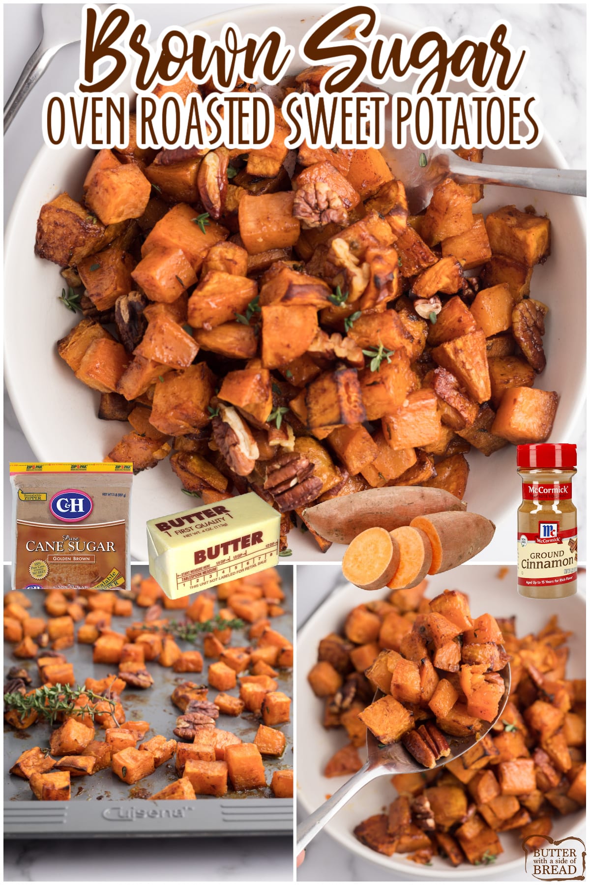 Brown Sugar Roasted Sweet Potatoes are a great side dish for any meal. Simple oven roasted sweet potato recipe made with brown sugar, cinnamon, thyme, butter and pecans.