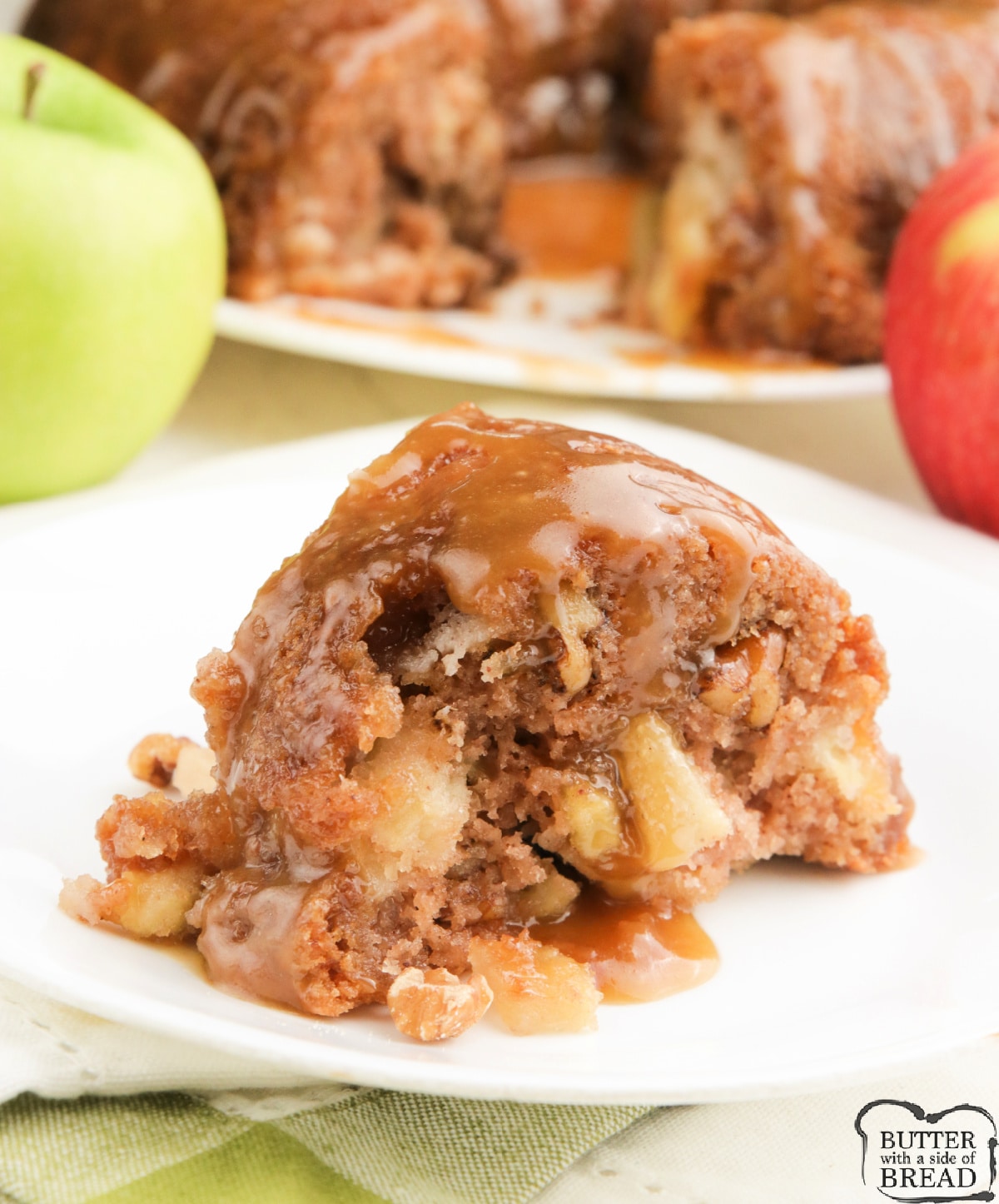 Caramel Apple Bundt Cake made from scratch with fresh apples and a simple caramel glaze. Delicious bundt cake recipe that is perfect for fall. 
