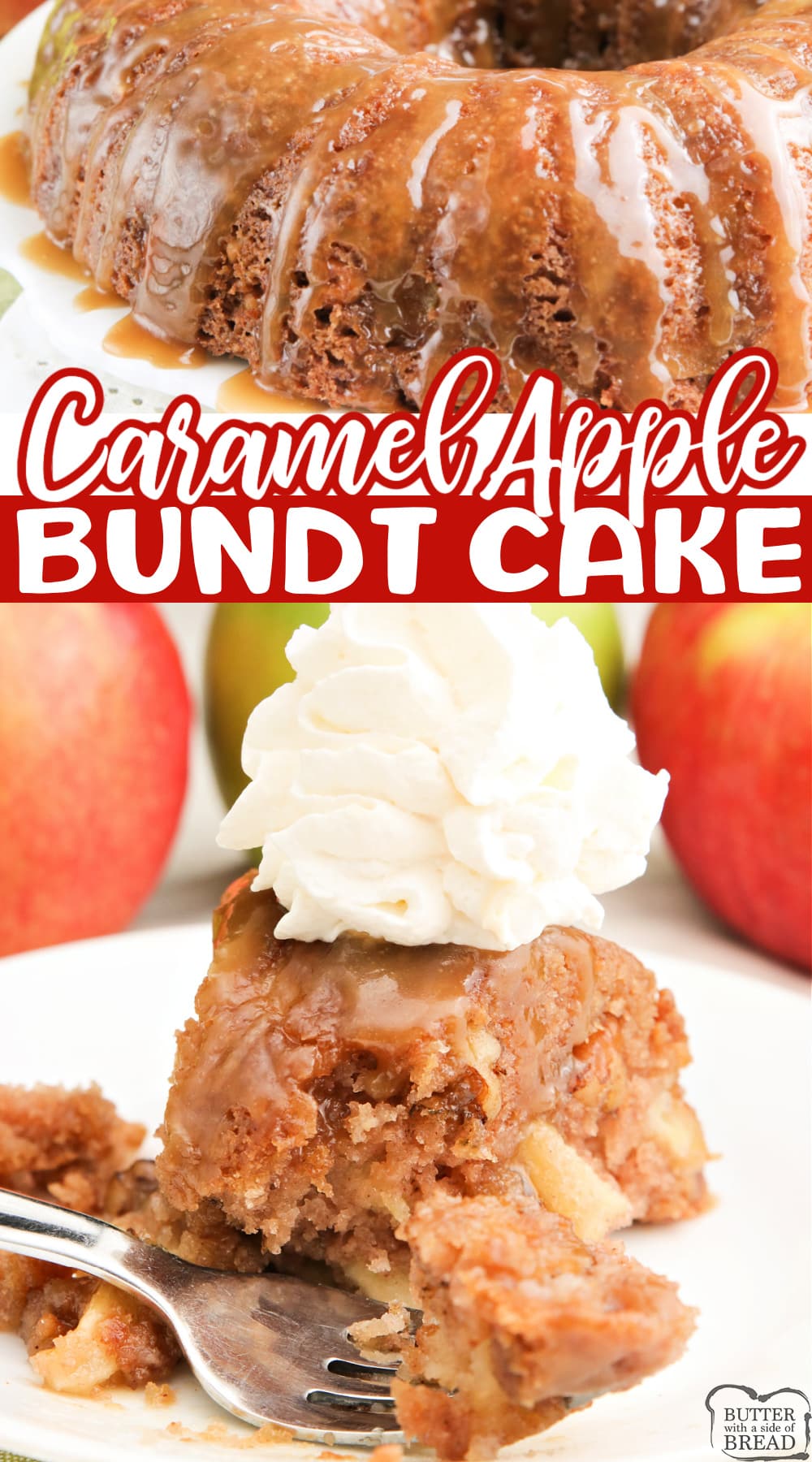 Caramel Apple Bundt Cake made from scratch with fresh apples and a simple caramel glaze. Delicious bundt cake recipe that is perfect for fall. 
