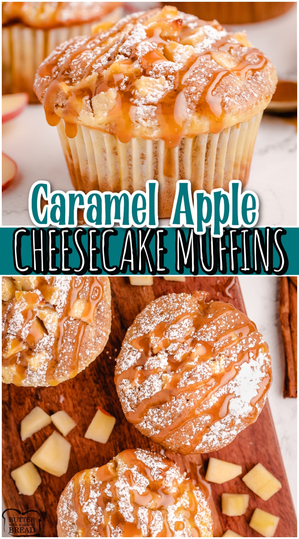 Caramel Apple Cheesecake Muffins made with spiced cake mix, filled with apples & cream cheese then topped with caramel! Decadent, bakery-style muffins made easy!