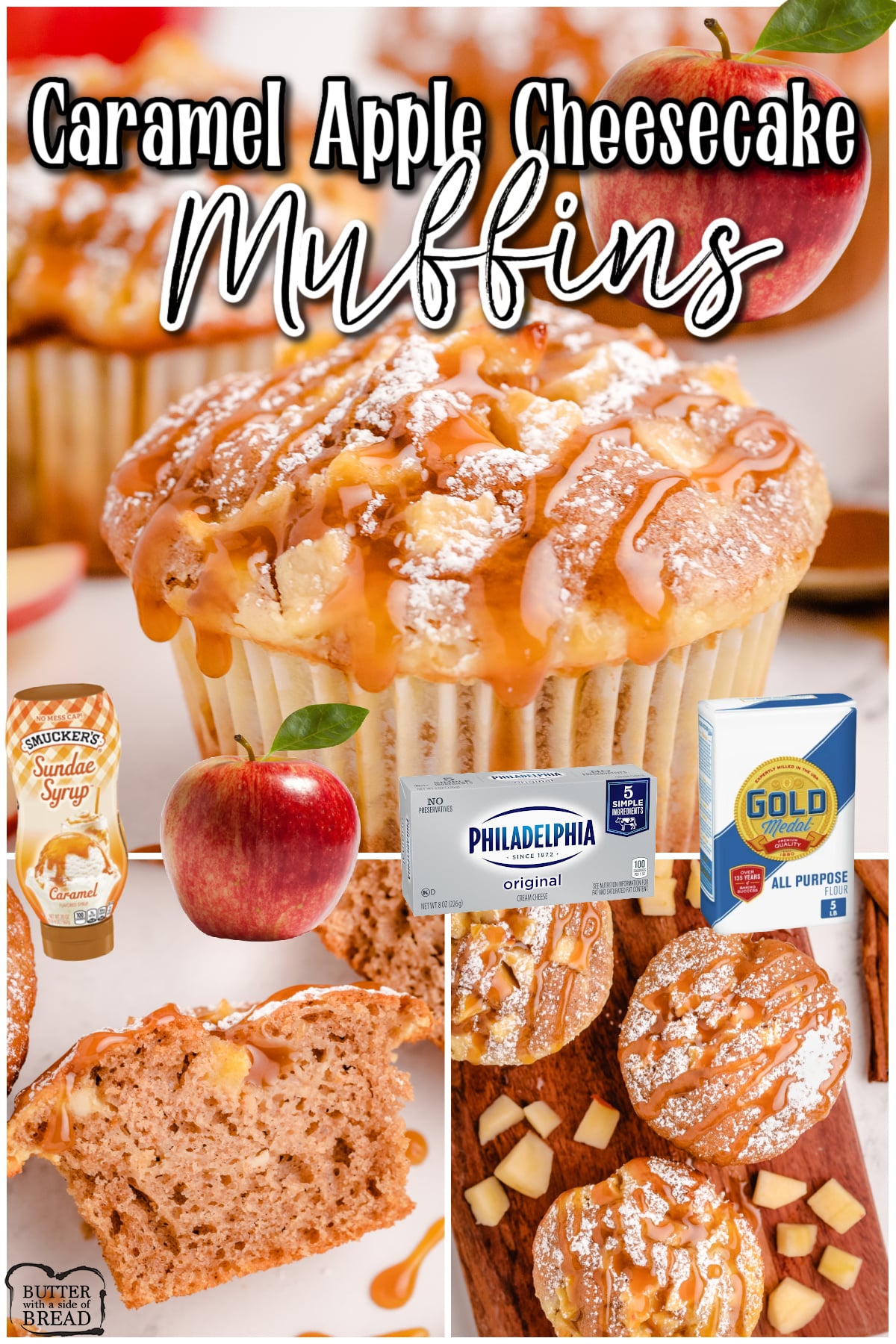 Caramel Apple Cheesecake Muffins made with spiced cake mix, filled with apples & cream cheese then topped with caramel! Decadent, bakery-style muffins made easy!