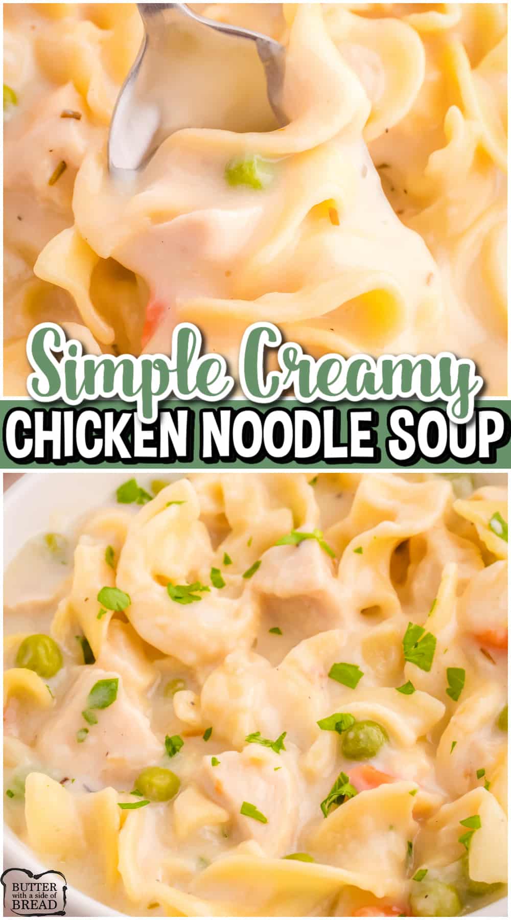 Grandma's BEST Creamy Chicken Noodle Soup is a warm, comforting classic recipe perfect for cold nights! This creamy chicken noodle soup recipe is loaded with tender egg noodles, onions, garlic, veggies and more!