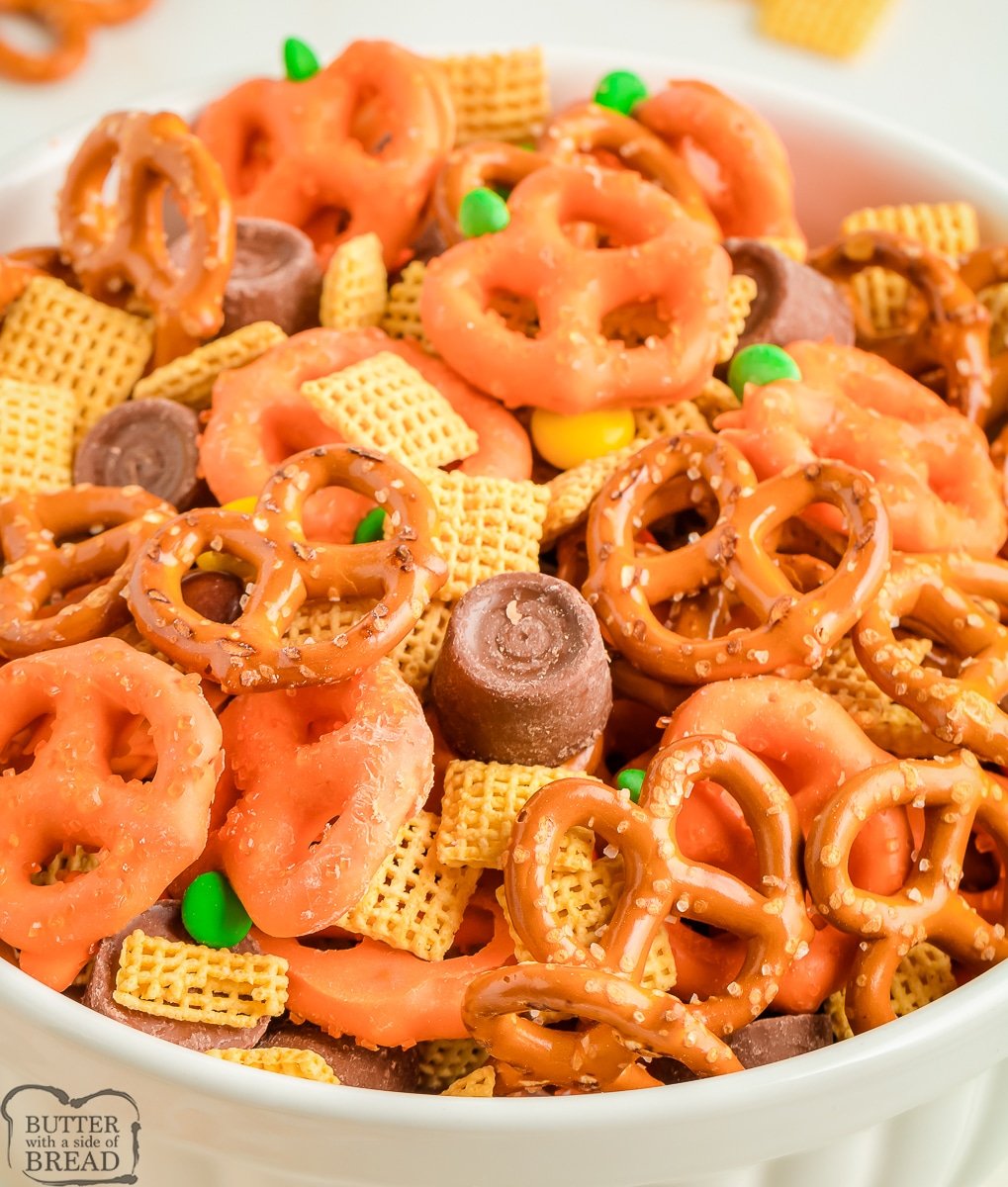 Easy Halloween Snack Mix in a white bowl