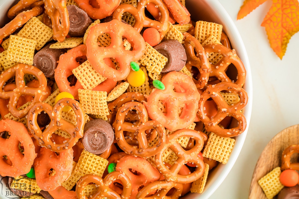 bowl of snack mix with pretzels and Rolos