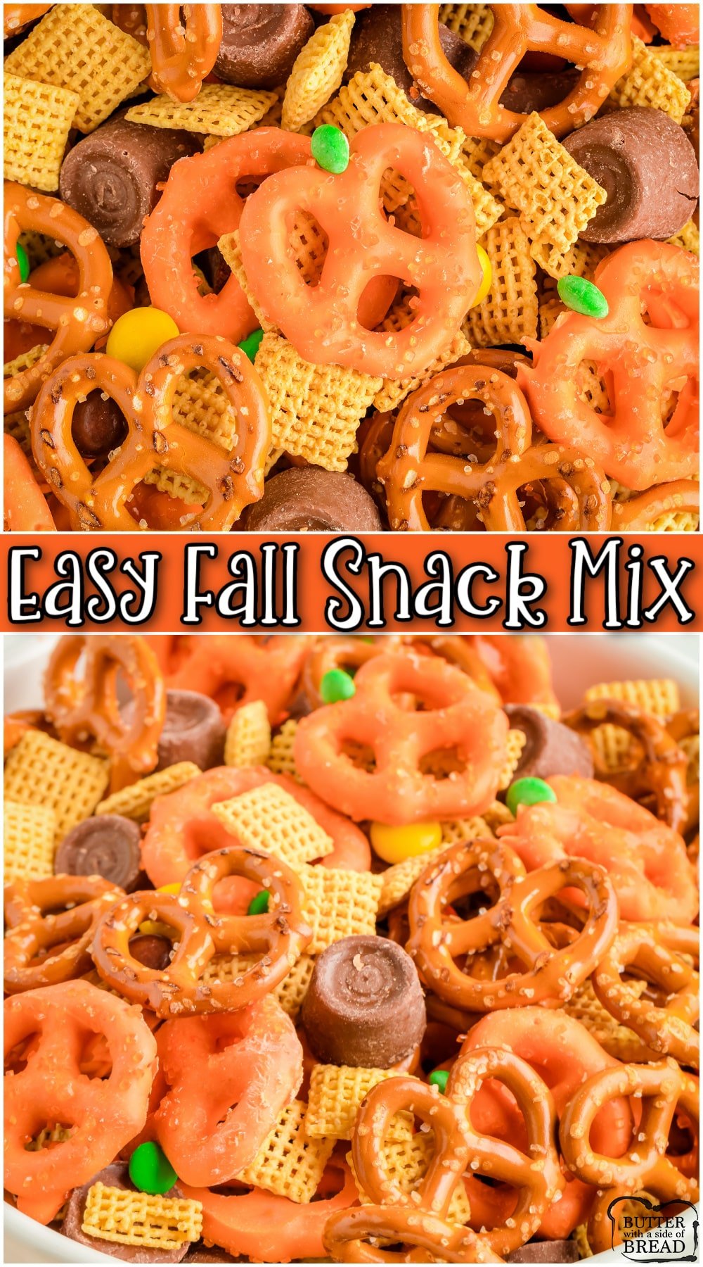 Easy Halloween Snack Mix is a sweet & salty treat perfect for parties! You'll need pretzels, chocolate & Chex cereal for this easy festive snack mix recipe!