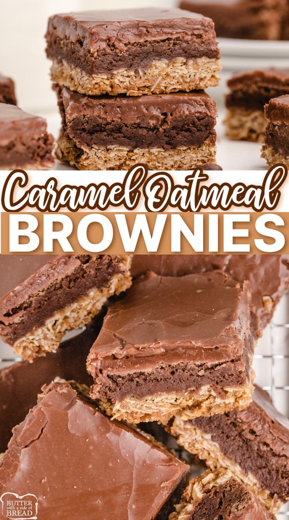 Oatmeal Cookie Brownie Bars made completely from scratch with three different layers. There is an oatmeal crust, a brownie layer and a simple chocolate frosting on top! 