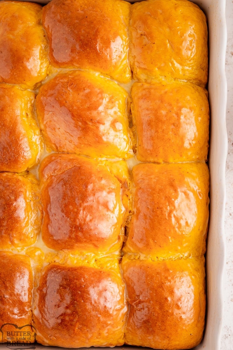 yeast pumpkin rolls brushed with butter