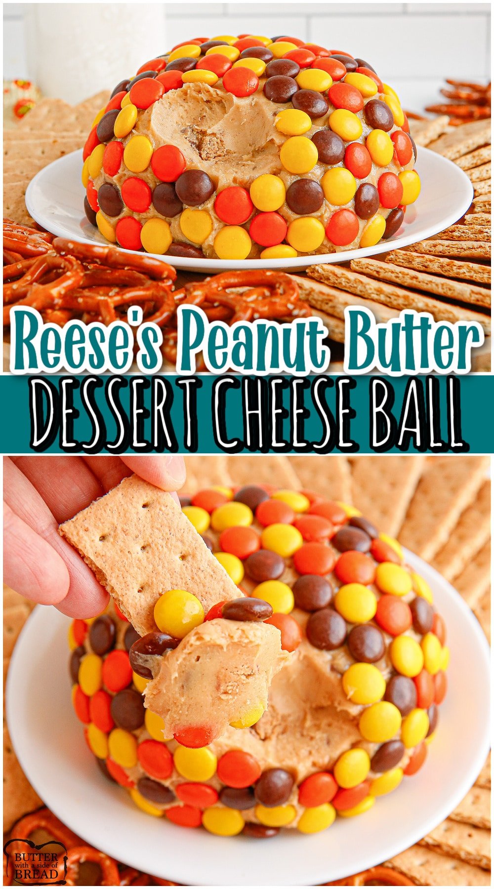 Reese's Dessert Cheese Ball perfect for parties & delicious served with pretzels, apples, graham crackers & Nilla Wafers! Festive peanut butter cheese ball topped with Reese's Pieces everyone loves!