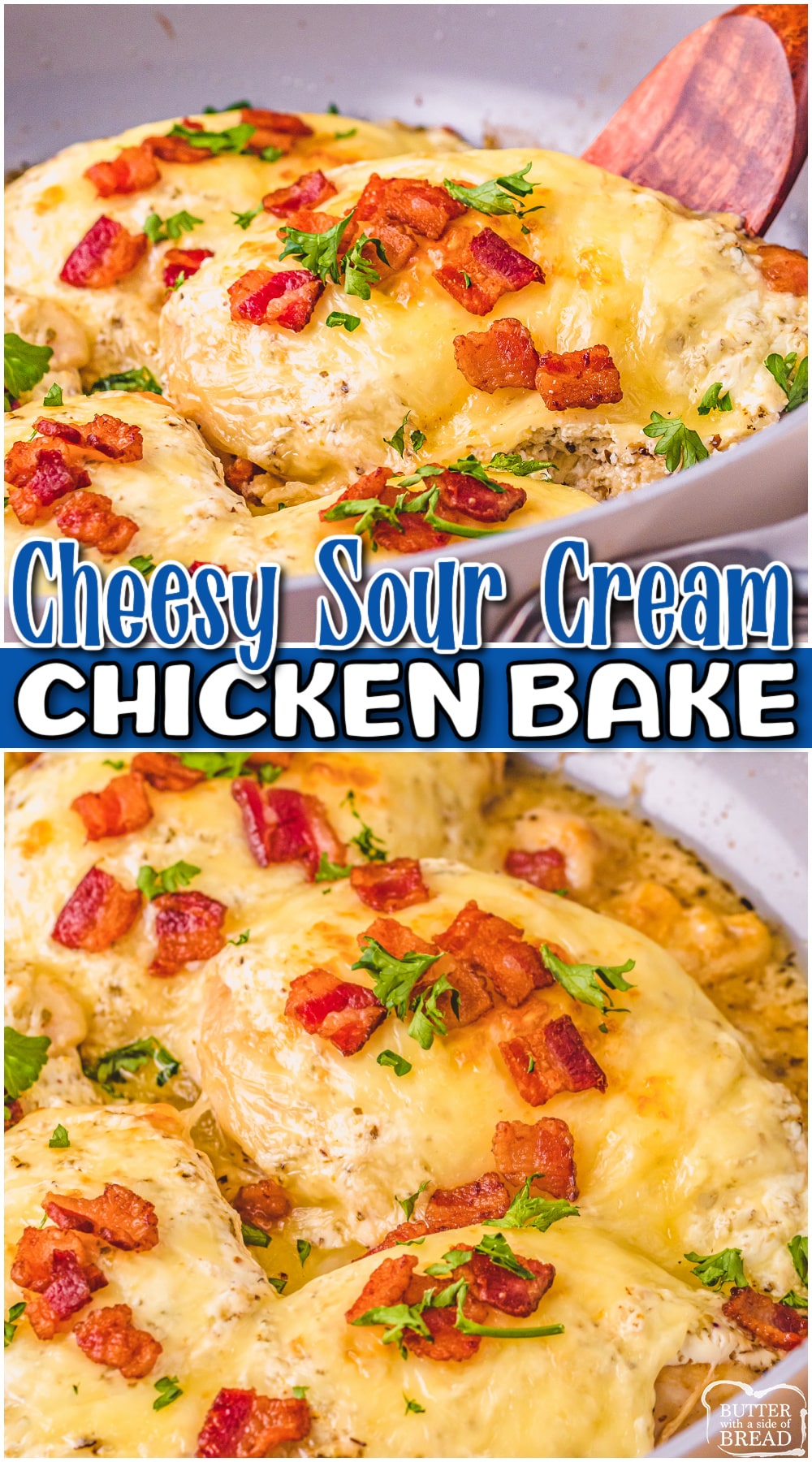 Cheesy Baked Sour Cream Chicken is a flavorful, comforting chicken dinner made in just 30 minutes! Chicken Sour Cream recipe made in a skillet with 2 kind of cheese & topped with bacon!