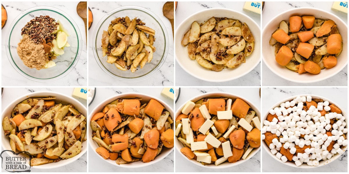 Step by step instructions on how to make Apple Sweet Potato Casserole with Marshmallows