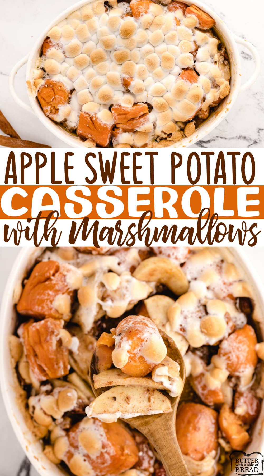 Apple Sweet Potato Casserole with Marshmallows made with sliced apples and canned sweet potatoes along with butter, brown sugar, cinnamon, pecans and marshmallows. Delicious sweet potato recipe that is perfect for Thanksgiving dinner.