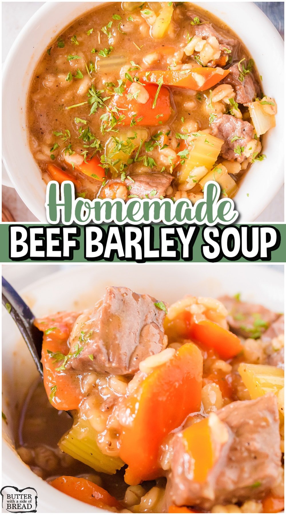 Homemade Beef Barley Soup is a rich, flavorful soup made with barley pearls, fresh veggies & tender beef. This beef and barley soup perfect for cold winter nights!