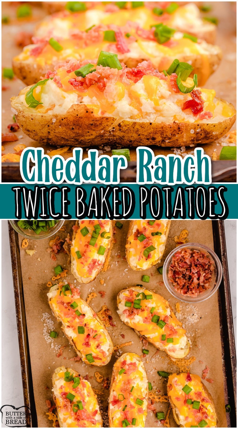 Cheddar Ranch Twice-Baked Potatoes are cheesy, flavorful variation on twice baked potatoes! Change up your favorite potato side dish with this simple twist!