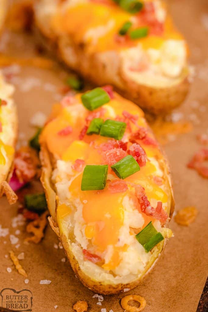 twice baked potatoes topped with bacon and chives